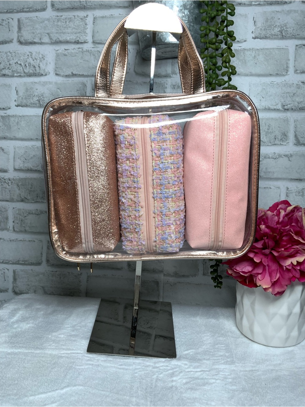 Clear Travel Tote with Rose Gold Trim and Pink Pouches